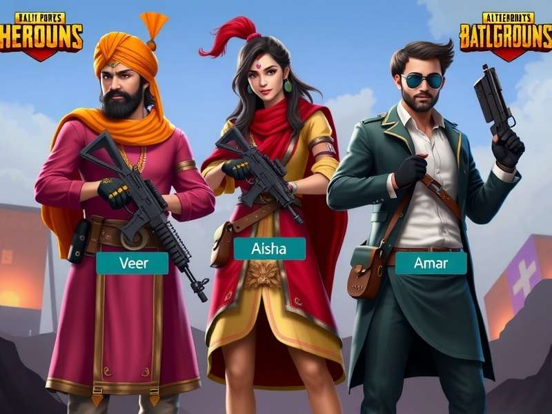 Desi PUBG Heroes characters including Rajput Veer, Dr. Aisha, and Jawan Amar in traditional and modern Indian attire