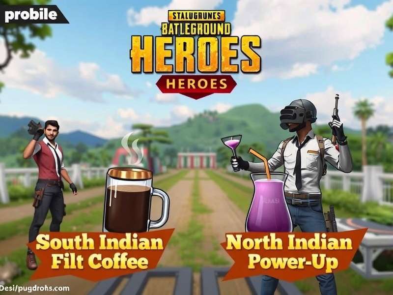 Desi PUBG Heroes regional content showing South Indian Filter Coffee power-up and North Indian Lassi power-up